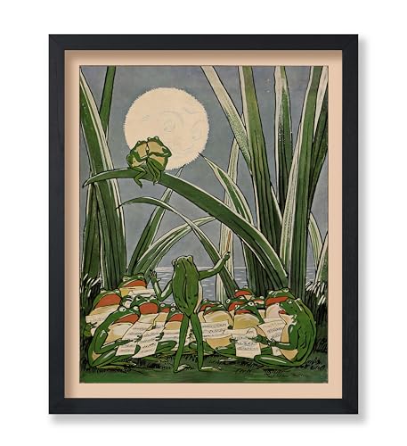 Monem Art Frogs Under The Moon Poster - Frog Print - Lunar Art - Toad Design - Lake Design - Grass Artwork - Humorous Decor - Funny Beach or Lake House Coastal Decor - 11x14 UNFRAMED - color: Frogs in Moon, size: 11"L x 14"W