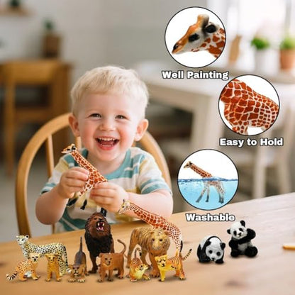 Kimicare 20PCS Safari Animals Figures Toys, Realistic Plastic Animals Figurines, African Zoo Wild Jungle Animals Playset with Elephant Giraffe Lion Tiger, Birthday Gifts for Kids Boys Girls