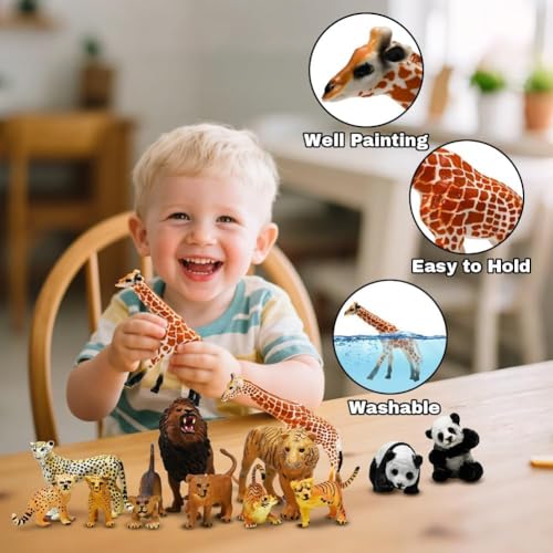 Kimicare 20PCS Safari Animals Figures Toys, Realistic Plastic Animals Figurines, African Zoo Wild Jungle Animals Playset with Elephant Giraffe Lion Tiger, Birthday Gifts for Kids Boys Girls