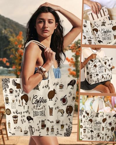 Miss Adola Large Tote Bag for Women - Canvas Tote Bag with Zipper Aesthetic Reusable Shoulder Bag for Gym, Travel, Work - style: Coffee House