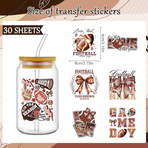 Rngmsi 30 Pcs Football UV DTF Cup Wrap Bow UV DTF Stickers for 16 OZ Glass - style: Football
