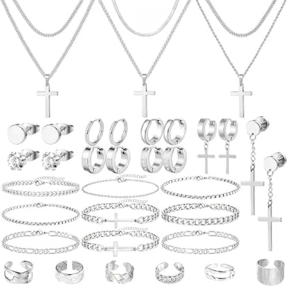 NEWITIN 37 Pieces Silver Jewelry Set for Men Stainless Steel Cross Jewelry - color: Silver