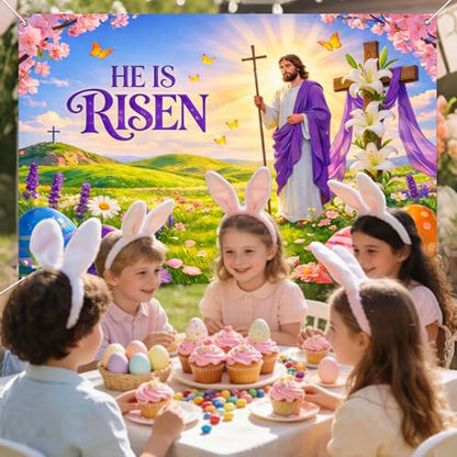 IVN He Is Risen Easter Banner 71x43 Inch Christian Jesus Cross Lilies Eggs - color: He Is Risen Jesus Cross Religious Easter