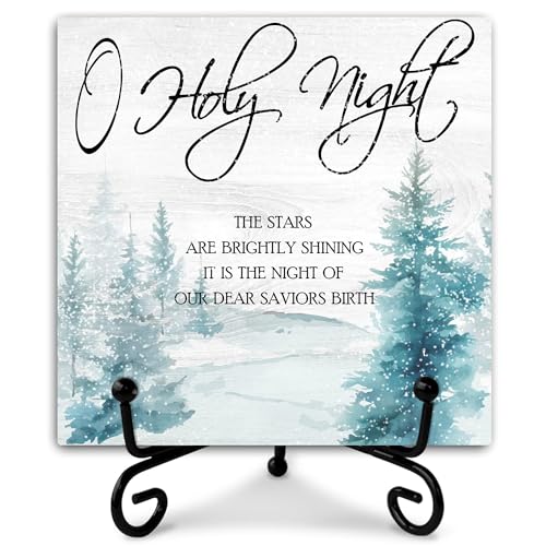 Holy Night Wooden Sign Decor, Christmas Scripture Quote Plaque, Rustic Wooden Plaque Sign With Iron Stand, Farmhouse Home Office Restroom Desk Shelf Decorations - style: Christmas
