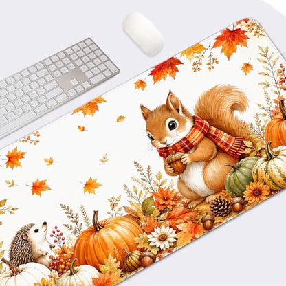 Britimes Large Mouse Pad, Mouse Pad, 31.5 x 15.7 Inch, Fall Woodland - color: Squirrel Hedgehog Pumpkin