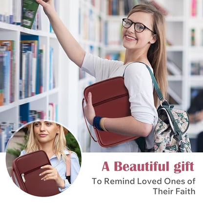 Small Bible Cover Case for Women and Men, 9x6 PU Leather Bible Sleeve, Compact Travel Bible Carrier Bag with Front Pen Holders, Zipper Closure, Inner Pockets - Burgundy Red - color: Burgundy Red, size: 9''x6.5''
