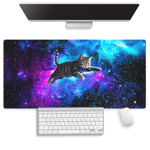 Funny Space Tabby Cat Large Mouse Pad, Purple Blue Galaxy Nebula Desk Mat - color: Galaxy Kitty