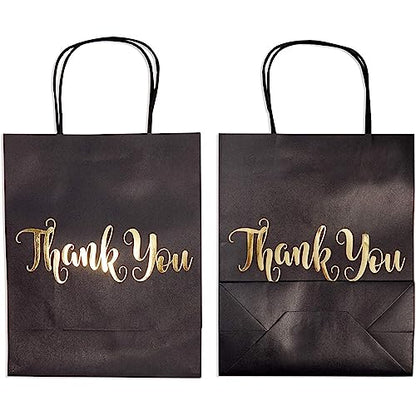 24 Pack Medium Black Thank You Party Favor Paper Goodie Gift Bags with Handles, Gold Foil - color: Black,Gold
