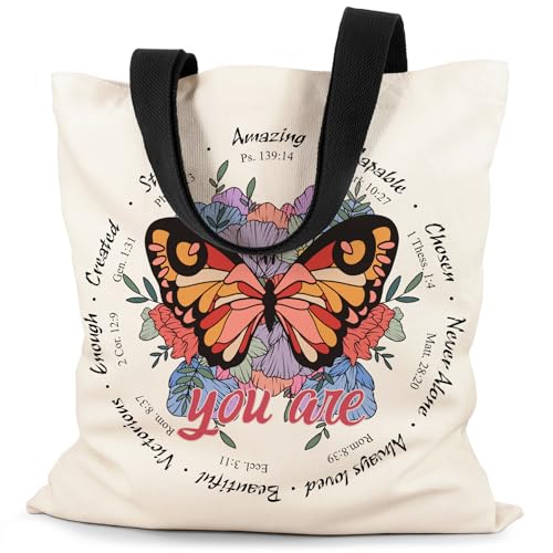 Canvas Tote Bag Aesthetic for Women, Cute Tote Bag with Zipper Pocket, Heavy Duty Reusable Shopping Bags for Grocery - color: 08-butterfly Bible