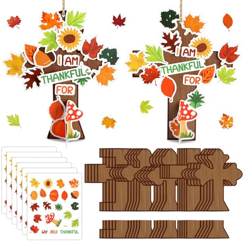 30 Sets Thanksgiving Christian Craft Kit DIY Fall Religious Cross Hanging Ornament Make Your Own Thankful Cross Crafts for Fall Church Autumn Sunday School VBS Class Art Project Home Party Activities