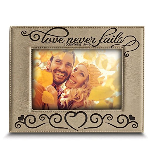 BELLA BUSTA - " Love Never Fails - 1 Corinthians 13:4-8 (Bible Verse) Engraved Leather Picture Frame (5"x 7" Horizontal) - size: 5"x 7" Horizontal
