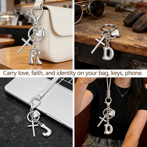 Initial Bag Charms Keychains Women, Cross Cute Heart Letter Key Chain Purse Backpack Handbags Keychain Christian Gift - color: Silver M