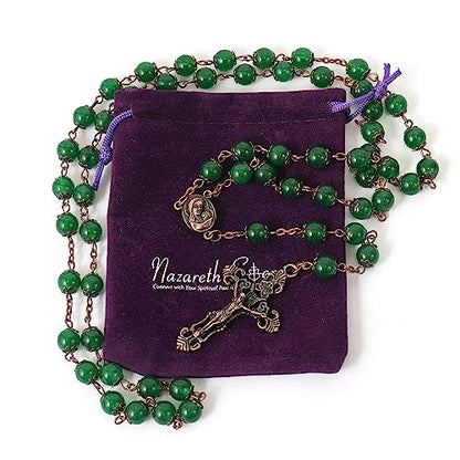 Nazareth Store Natural Stone Beads 8mm Rosary Necklace Antique Copper Design Holy Soil Medal & Cross in Velvet Bag - Catholic Rosaries Terra Santa Jerusalem Collection - color: Green Jade