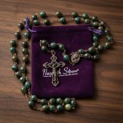 Nazareth Store Vintage Design Rosary Natural Jasper Stone Beads Necklace Holy Soil Medal & Cross Crucifix Religious Rosaries Terra Santa Jerusalem Collection