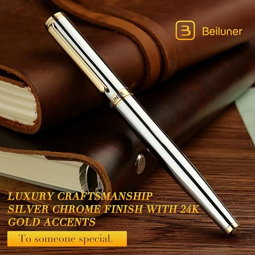 BEILUNER Luxury Rollerball Pen, Stunning Silver Chrome with 24K Gold Finish,Noble and Elegant Designs,Schneider Ink Refill, Best Gift Pen for Men & Women, Professional, Executive Office, Fancy Pens - color: ,Silver Chrome and Gold