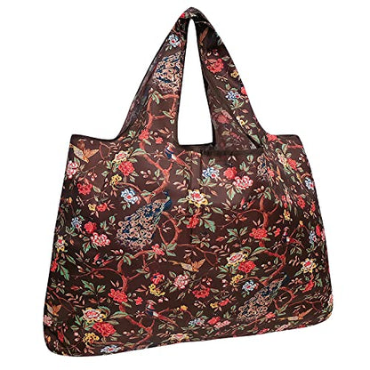 allydrew Large Foldable Tote Nylon Reusable Grocery Bags, Peacocks & Peonies - color: Peacocks & Peonies