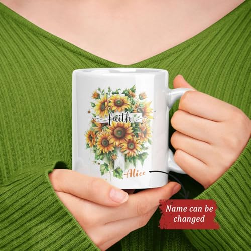 Faith Cross With Sunflowers Design On Mug, Personalized Christian Ceramic Cup, Custom Name Coffee Mug 15oz, Inspirational Bible Verses White Cup, Religious Gift For Friend Family - color: XUA-624-2301-Faith Cross