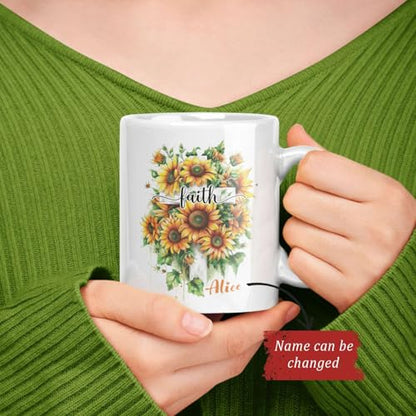 Faith Cross With Sunflowers Design On Mug, Personalized Christian Ceramic Cup, Custom Name Coffee Mug 15oz, Inspirational Bible Verses White Cup, Religious Gift For Friend Family - color: XUA-624-2301-Faith Cross
