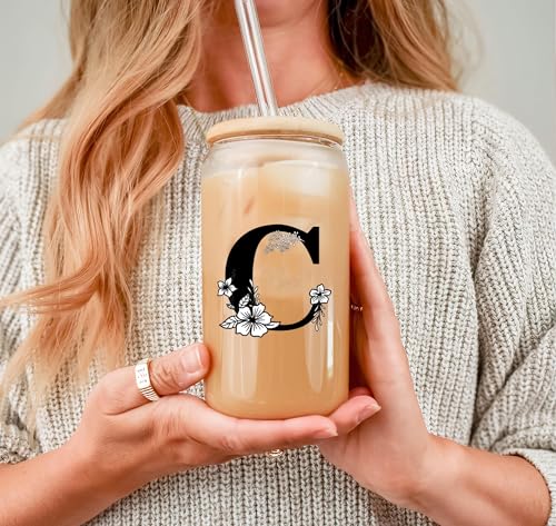 Monogrammed Initial Glass Cup Personalized Gifts for Women 16oz Initial Letter Glass Cups w/Lids Straws Birthday Valentine Mothers Day Gift for Her, C - color: Letter Cup-C