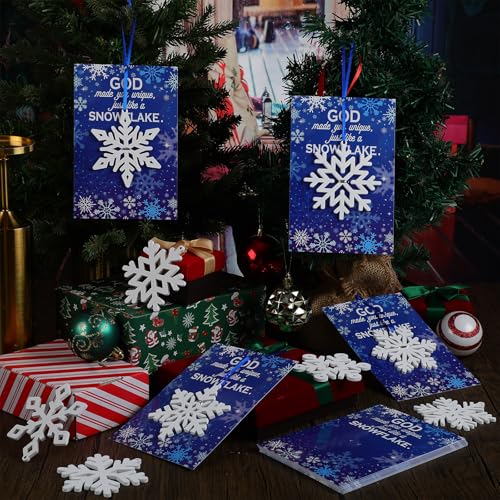 CroBlissful 24 Sets Winter Snowflake Ornaments with Religious Blessing Card
