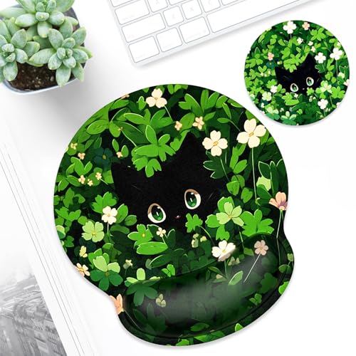 ITNRSIIET Ergonomic Mouse Pad with Wrist Support Wrist Rest Smooth Surface Non-Slip Rubber Base Comfortable Office Supplies Pain Relief, 9.8 x 9.1 inches, Green Leave Cat - color: Green Leave Cat