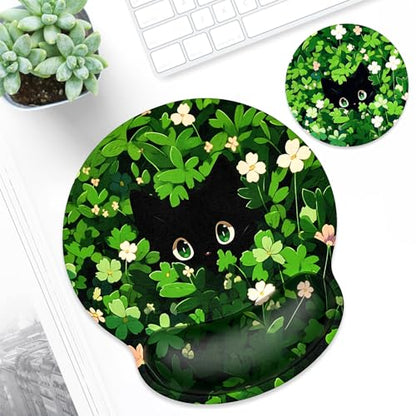 ITNRSIIET Ergonomic Mouse Pad with Wrist Support Wrist Rest Smooth Surface Non-Slip Rubber Base Comfortable Office Supplies Pain Relief, 9.8 x 9.1 inches, Green Leave Cat - color: Green Leave Cat