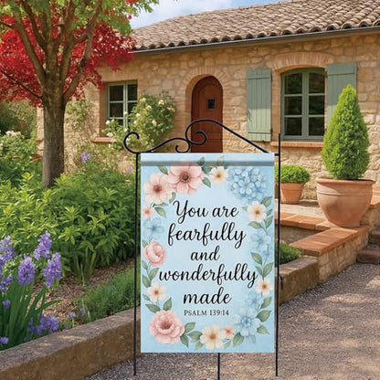 Christian House Flag 28x40 Inch You Are Fearfully And Wonderfully Made Garden Flag Psalm 139:14 Double Sided Floral Wreath Yard Banner Outdoor Porch ration USA Home Garden Church - color: Garden Flag