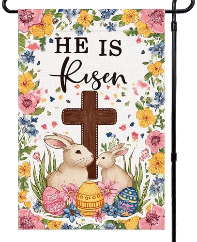 Welcome Easter Egg Garden Flag He Is Risen Christian Cross Small Flags for Outside, 12x18 Inch Rabbit Double Sided Burlap Seasonal Outdoor Yard Lawn Decoration