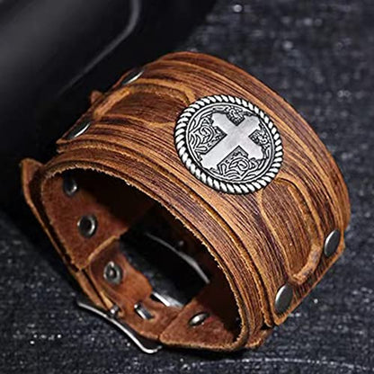 NIGHTCRUZ Wide Leather Bracelet with Cross, Medieval Leather Cuff Wristband for Mens - color: Brown