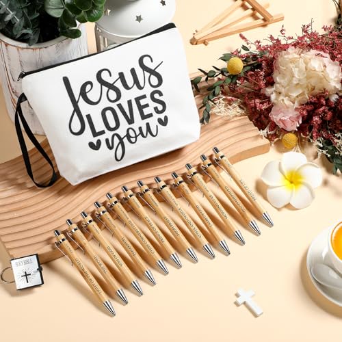 Sayglossy 13 Pcs Christian Gift Set Jesus Loves You Zipper Pouch with 12 Bible Verse Pens Bulk Inspirational Religious Gifts for Sunday School Bible Study Church Vbs