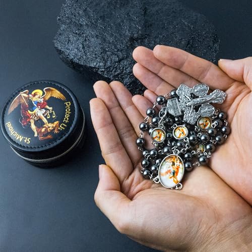 St. Michael the Archangel Catholic Rosary Necklace for Men, 8MM Black Hematite Prayer Beads Packed in Travel Jewelry Box, Rosary Beads Catholic Saints Gifts for Men - color: Hematite
