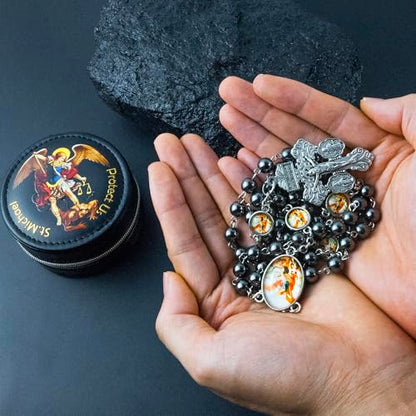 St. Michael the Archangel Catholic Rosary Necklace for Men, 8MM Black Hematite Prayer Beads Packed in Travel Jewelry Box, Rosary Beads Catholic Saints Gifts for Men - color: Hematite