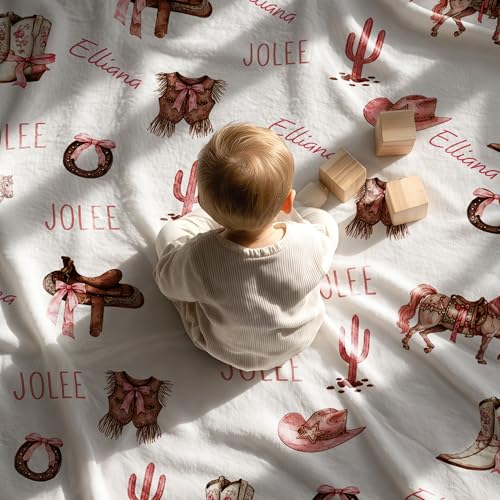Personalized Western Girl Baby Blanket, Pink Pony Boots Ribbon Pattern Design, Custom Name Toddler Kids Throw, Cowgirl Nursery Decor, Baby Girl Gift - color: Western Girl Baby Blanket