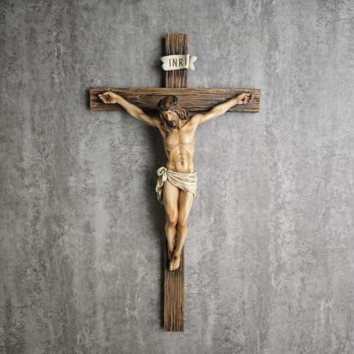 BC Catholic Crucifix Wall Cross, 14"H Jesus Statue Cross for Wall - size: 14"L x 7.7"W