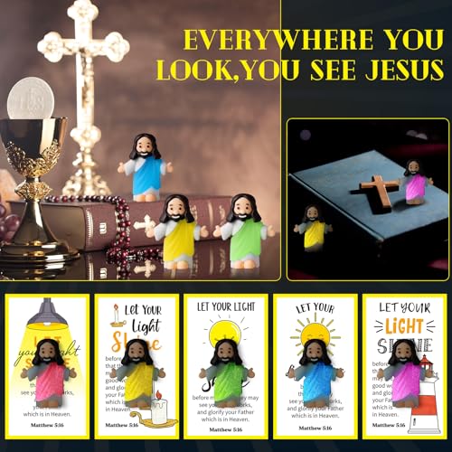 CroBlissful 30 Sets Mini Jesus Figurines Bulk Christian Glow in The Dark with Let Your Light Shine Cards for Christian Sunday School Religious Party Favor Halloween(Open Your Arms) - style: Open Your Arms