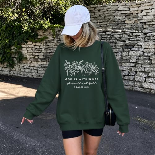Christian God Is Within Her Sweatshirts Jesus Faith Religous Hoodie Bible Verse Floral Graphic Inspirational Shirts - color: Green, size: Medium