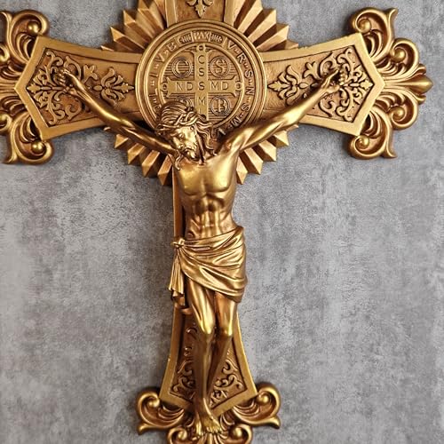 BC Catholic Saint Benedict Crucifix Wall Cross, Jesus Christ Home Decor, Religious Gift of Wedding, Renaissance Sculpture Gold Color Finish, 12"H, Hand Painted by Buildclassic - color: Metal Gold