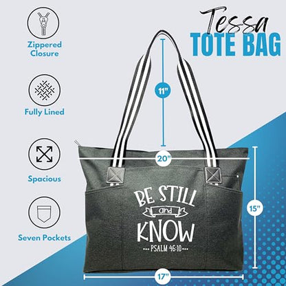 Brooke & Jess Designs Church Bags for Women - Bible Tote Bags for Women, Large Tote Bag for Womens with Zipper - color: Be Still and Know Tessa Black