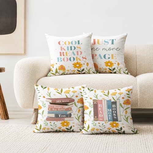 Reading Room Decorative Pillow Covers,Cool Kids Read Book Throw Pillow Covers Decor for Bedroom Living Room Classroom Library,Reading Gifts for Kids Student,18x18 Inch Pillowcase Set of 4 - color: Cool Kids Read Book