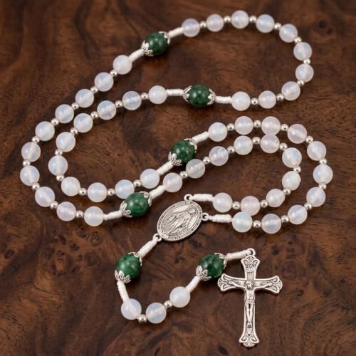 Nazareth Store 8mm White Jade & 10mm Natural Stone Beads Rosary Necklace St. Miraculous Medal & Cross Crucifix Catholic Prayer Beads Religious Jewelry - color: Green Jade