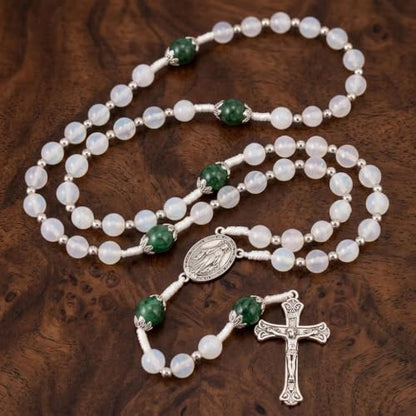 Nazareth Store 8mm White Jade & 10mm Natural Stone Beads Rosary Necklace St. Miraculous Medal & Cross Crucifix Catholic Prayer Beads Religious Jewelry - color: Green Jade