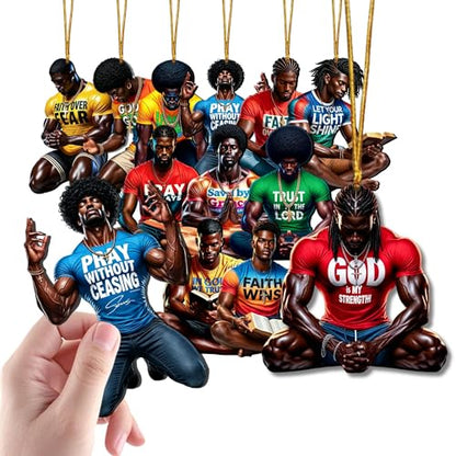 16Pcs AdornJoy African American Christian Men Wooden Ornaments, 2D Flat Faith Bible Quote Black Man Hanging Decor, Religious Scripture Pendant for Home, Yard & Holiday Decor, Christian Gift