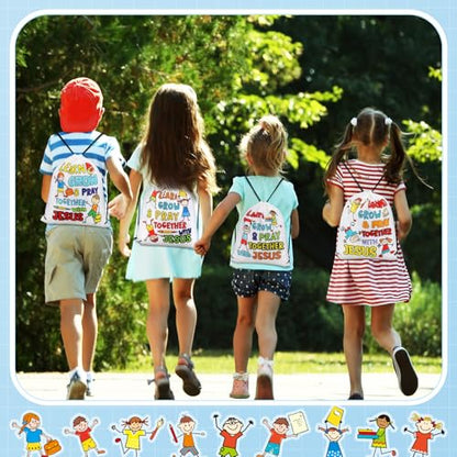 Kacctyen 24 Pcs Religious Drawstring Backpack Christian Learn Grow Pray Together with Jesus Drawstring Bags Verse Bible Easter Gift Bags for Vbs Sunday School Church Graduation Christmas Party Favors