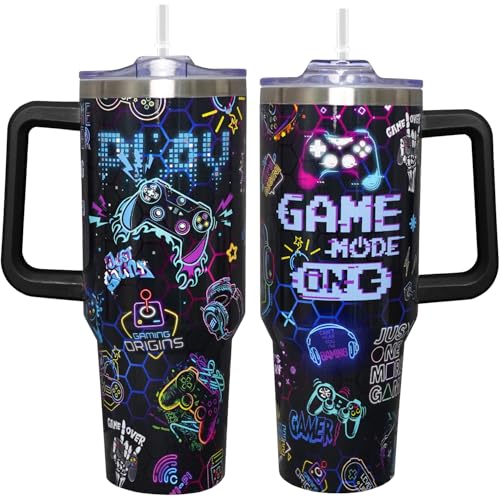 40oz Gamer Tumbler With Handle Lid and Straw,Cool Gamer Gift For Boys/Girls,Video Game Gifts,Gaming Gifts For Men/Women Stainless Steel Insulated Bottle Travel Mug Coffee Cup - color: Gamer 40oz
