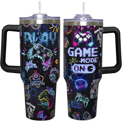 40oz Gamer Tumbler With Handle Lid and Straw,Cool Gamer Gift For Boys/Girls,Video Game Gifts,Gaming Gifts For Men/Women Stainless Steel Insulated Bottle Travel Mug Coffee Cup - color: Gamer 40oz