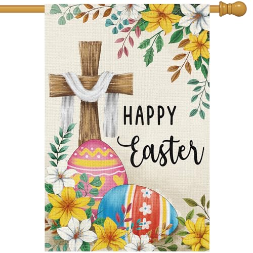 Happy Easter Cross Garden Flag 28x40 Inch Double Sided Burlap Lily Easter Eggs Yard Flags Farmhouse Holiday Outdoor Decor - size: 28*40inch