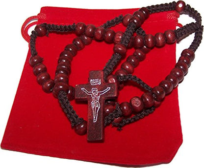 Holy Land Market Men's Beads Black and Maroon Wooden Rosary Necklace with Jesus Imprint Cross, 24 Inch