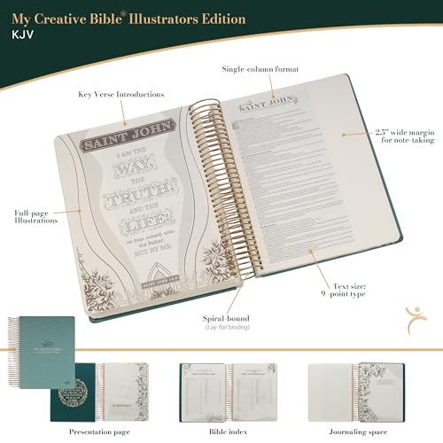 KJV Holy Bible, My Creative Bible - Illustrators Edition, King James Version, Journaling Space, Spiral Bound Hardcover Debossed Vegan Leather, Teal Blue