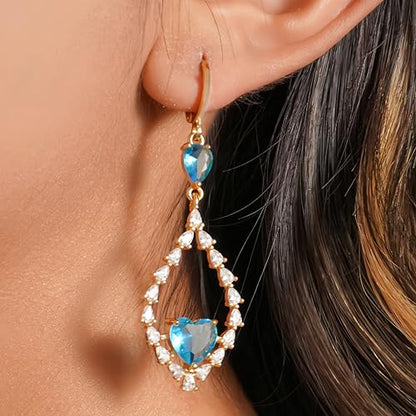 18K Gold Plated, Dangle Earrings for Women, Flower/Heart Drop earrings, Hypoallergenic Cubic Zirconia Earrings, Lightweight, Party, gold earrings, Jewelry for Gifts, Fashion - style: 7508-Blue
