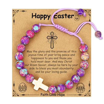 First Communion Confirmation Gifts for Girls, Cross Natural Beads Bracelet Christian Religious Jewelry Gifts for Kids Teen Girls - style: Style-2